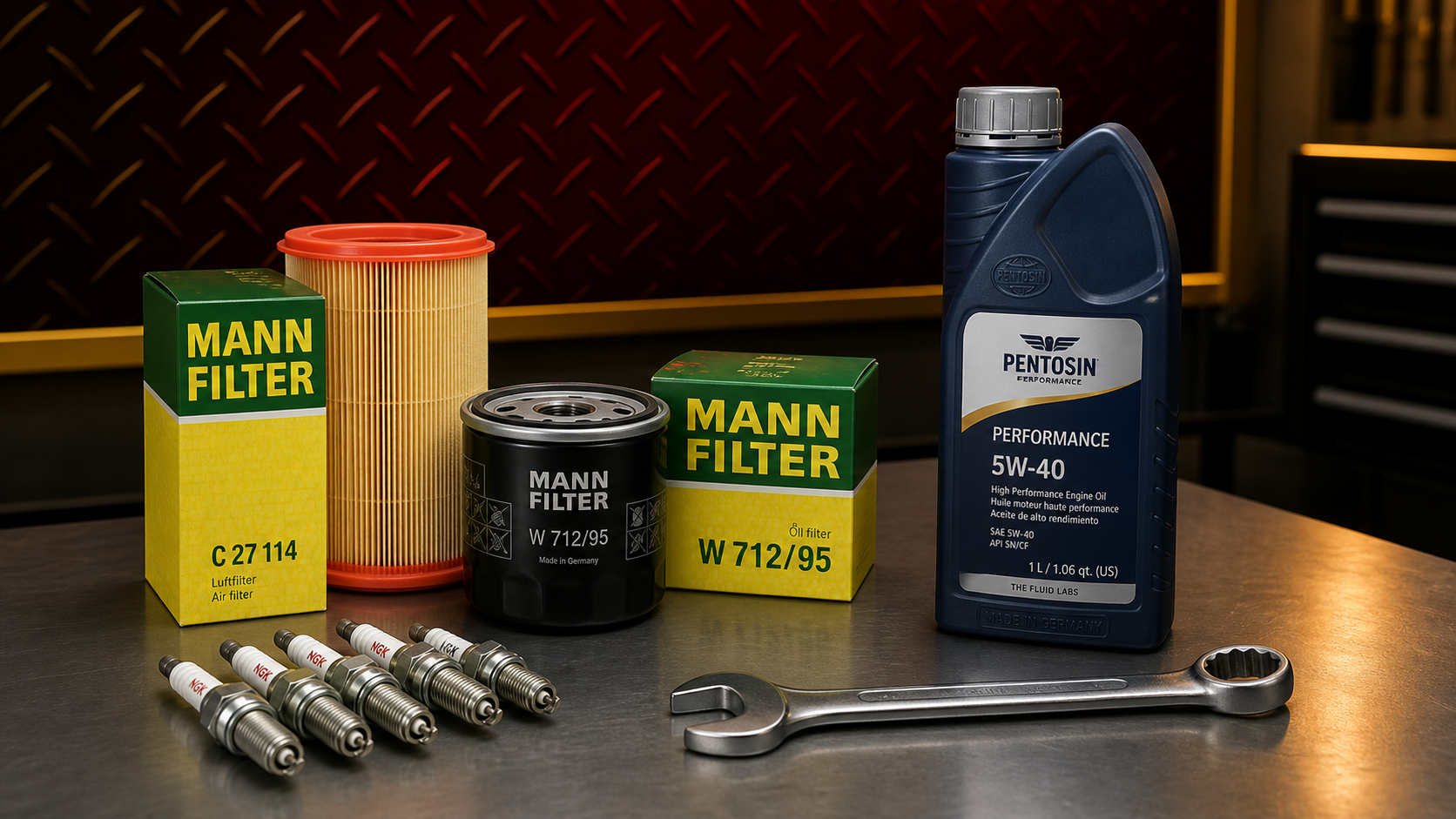 Maintenance parts including filters, spark plugs, oil, and a wrench